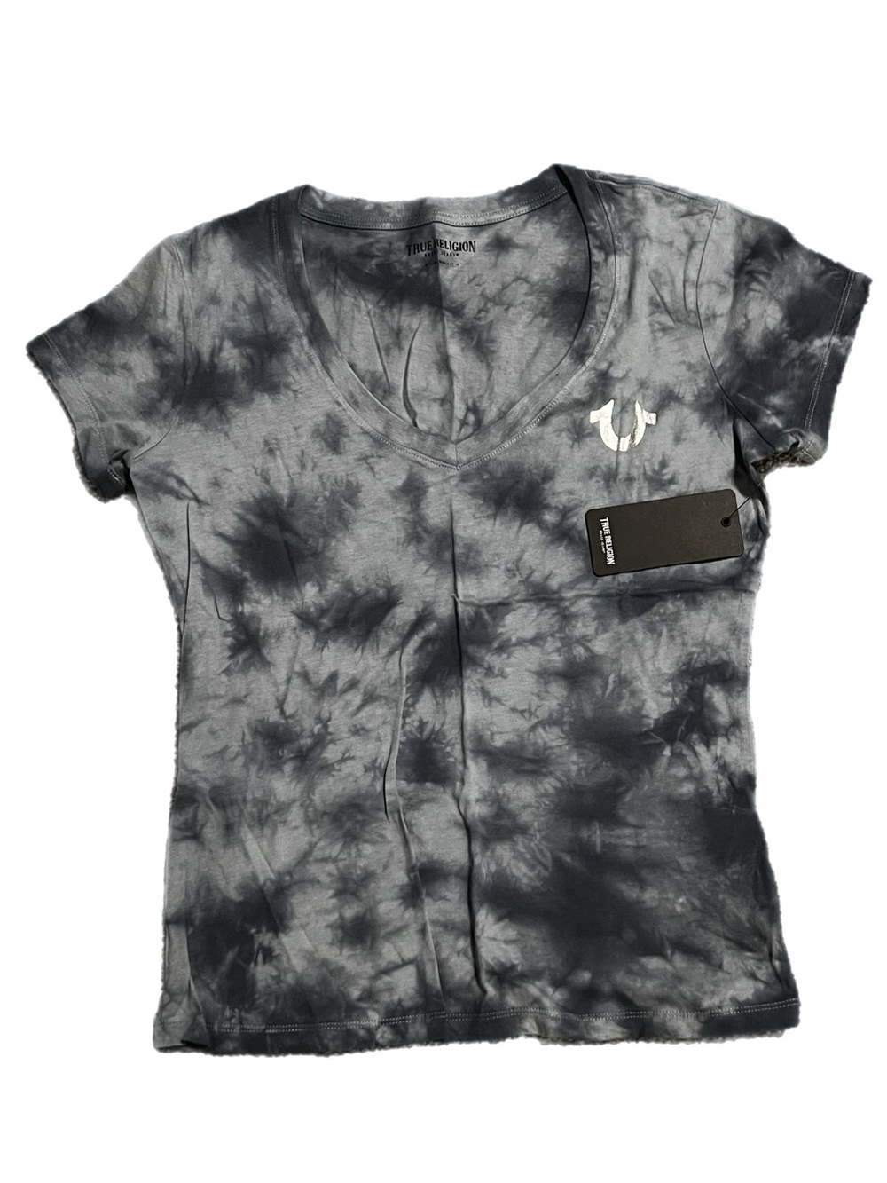 NWT True Religion Slate Tie-Dye Foil V-Neck Tee in Black and Gray